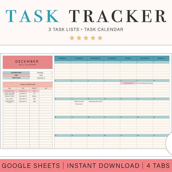 Task Tracking Spreadsheet | Task Planner | Digital To Do List | Google Sheets Template | Productivity Planner