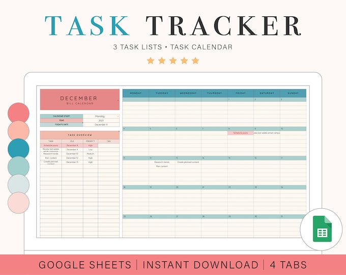 Task Tracking Spreadsheet | Task Planner | Digital to Do List | Google ...