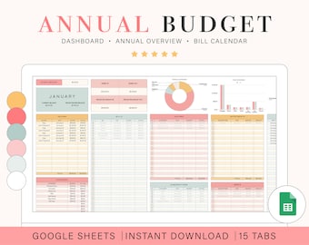 Annual Budget Spreadsheet for Google Sheets Spending Tracker Bill Tracker Google Sheets Yearly Budget Planner for Digital Budget