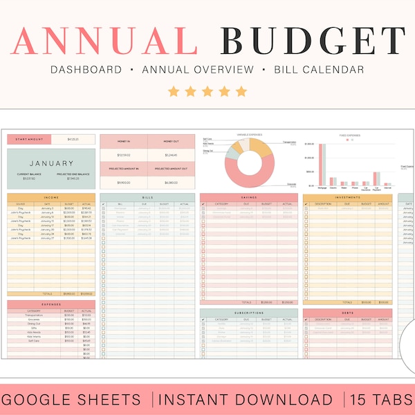 Annual Budget Spreadsheet for Google Sheets Spending Tracker Bill Tracker Google Sheets Yearly Budget Planner for Digital Budget