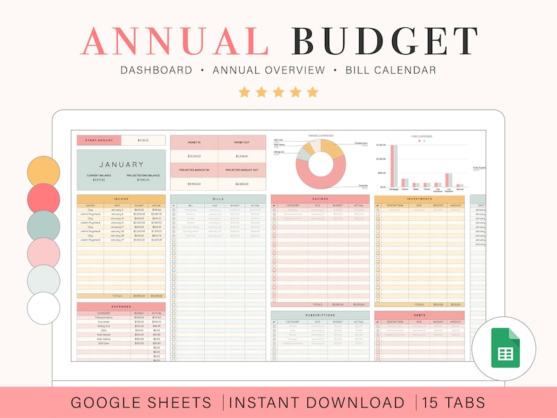 K&ouml;nnte beinhalten: Eine digitale Tabellenvorlage f&uuml;r ein Jahresbudget mit Registerkarten f&uuml;r Dashboard, Jahres&uuml;bersicht und Rechnungs-Kalender. Die Tabelle ist in einem hellrosa, gelben und blauen Farbschema gestaltet. Der Text "JAHRESBUDGET" wird oben in der Tabelle angezeigt. Der Text "GOOGLE SHEETS | SOFORTIGER DOWNLOAD | 15 REGISTERKARTEN" wird unten in der Tabelle angezeigt.