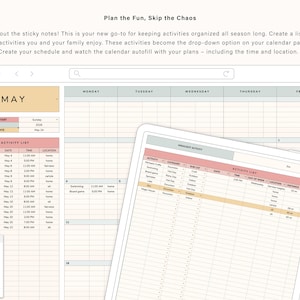 May include: Digital planner interface with a calendar view, displaying a schedule for May. The interface includes sections for activity lists and calendar entries, with a drop-down menu for activity selection. The text "Plan the Fun, Skip the Chaos" is visible.