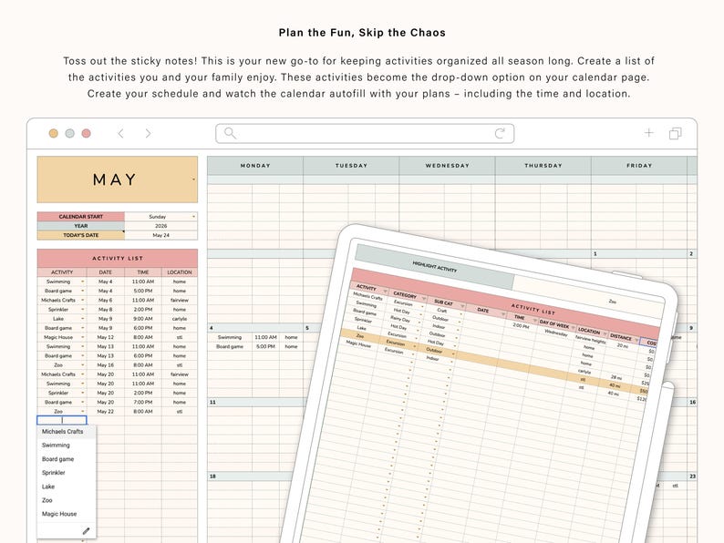 May include: Digital planner interface with a calendar view, displaying a schedule for May. The interface includes sections for activity lists and calendar entries, with a drop-down menu for activity selection. The text "Plan the Fun, Skip the Chaos" is visible.