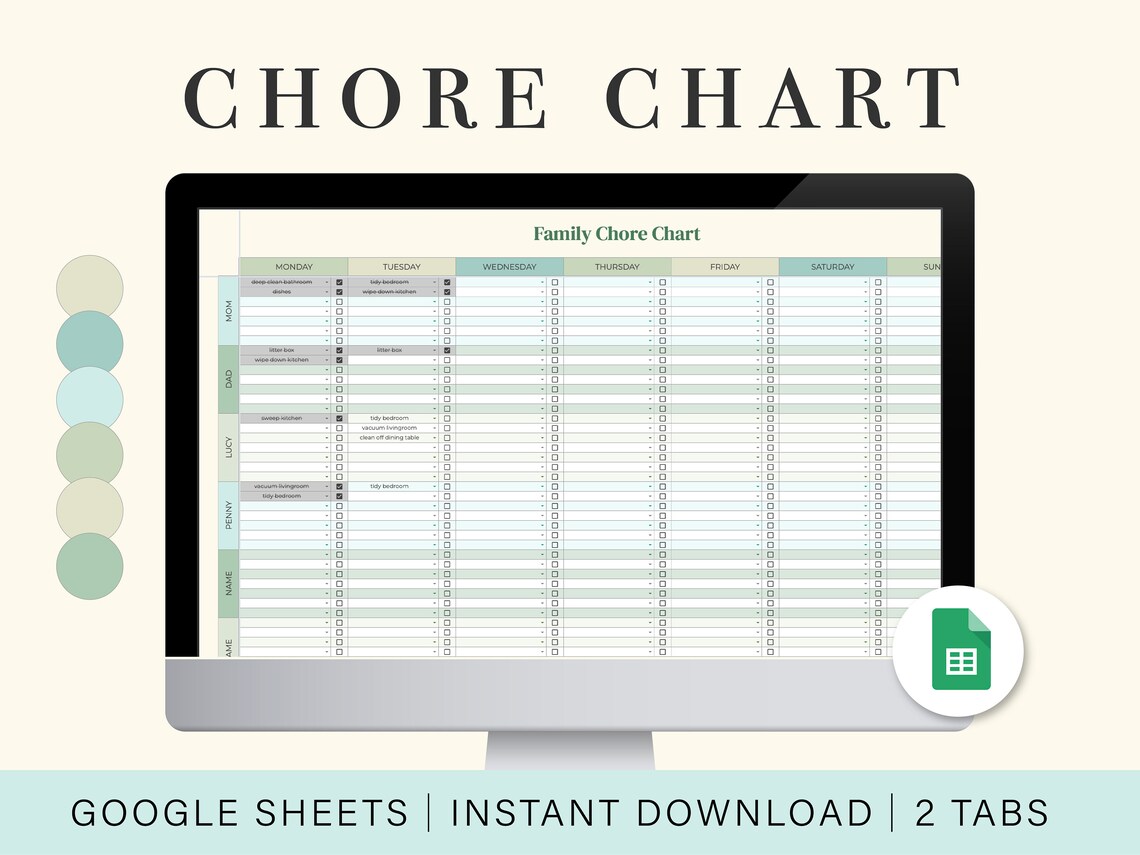 Family Chore Chart | Google Sheets Spreadsheet Template | Digital Chore