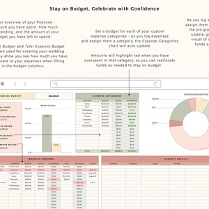 May include: A computer screen displaying a wedding budget spreadsheet with categories for expenses, a pie chart showing the breakdown of expenses, and a contact details section. The spreadsheet includes columns for budget, actual expenses, difference, and remaining.
