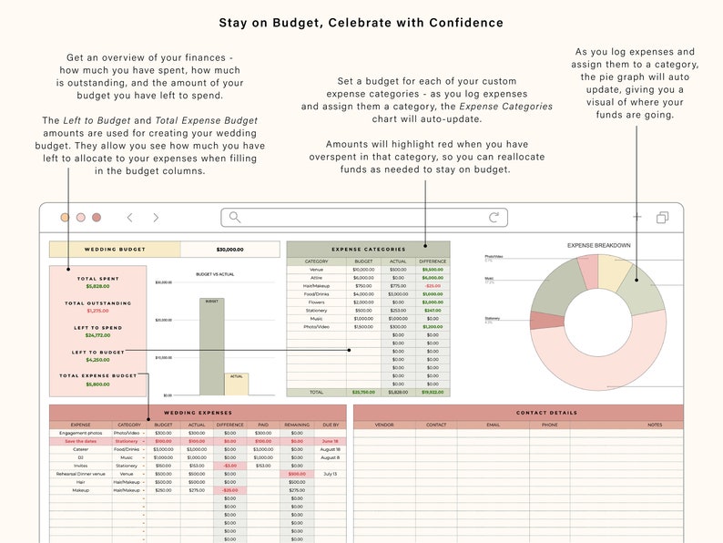 May include: A computer screen displaying a wedding budget spreadsheet with categories for expenses, a pie chart showing the breakdown of expenses, and a contact details section. The spreadsheet includes columns for budget, actual expenses, difference, and remaining.
