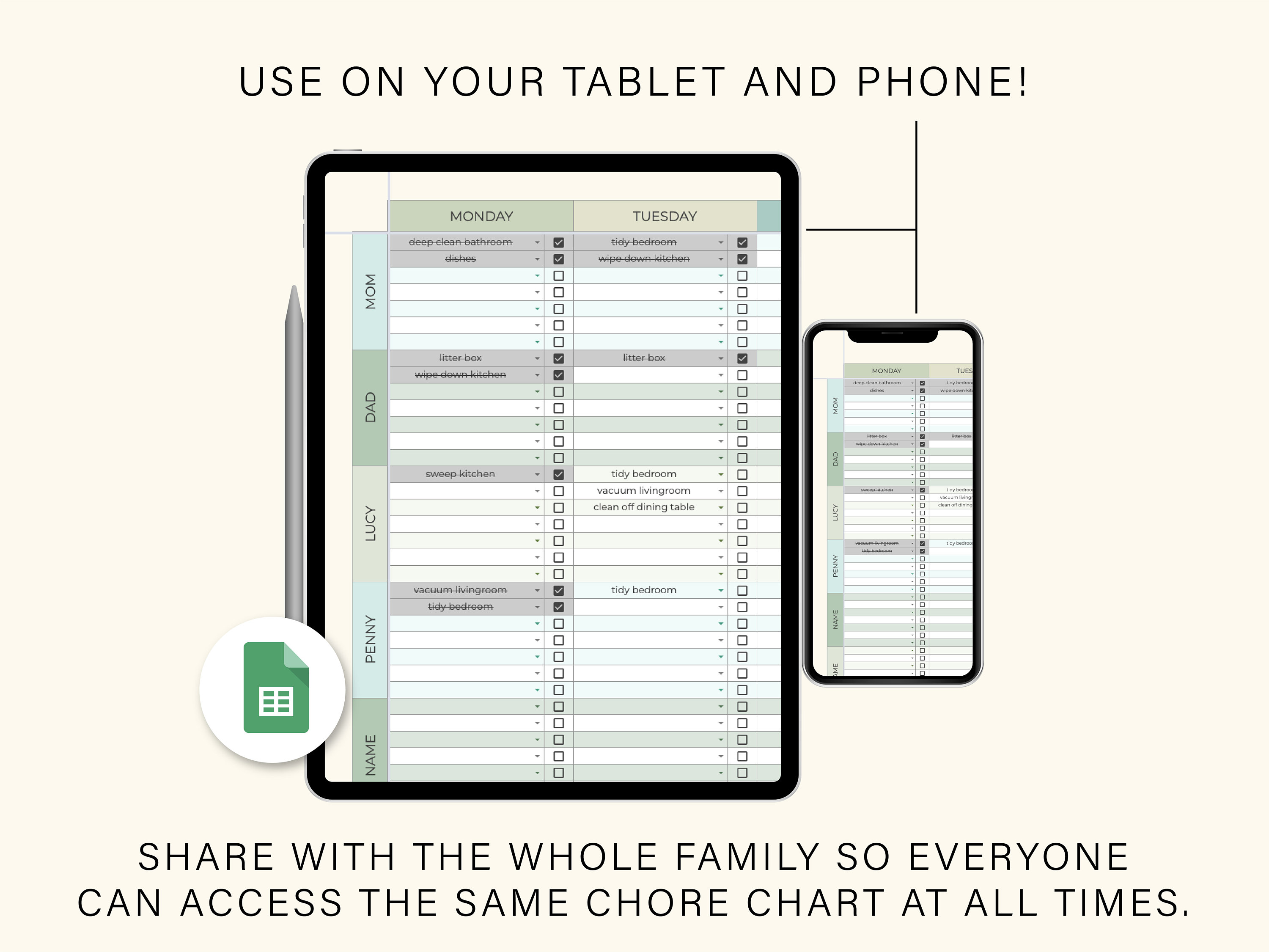 Family Chore Chart | Google Sheets Spreadsheet Template | Digital Chore