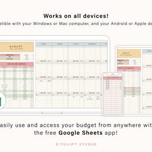 May include: Digital budget planner displayed on a laptop, tablet, and smartphone. The planner shows a monthly bill calendar with sections for income and expenses. Text reads "Works on all devices!" and "Easily use and access your budget from anywhere with the free Google Sheets app!"
