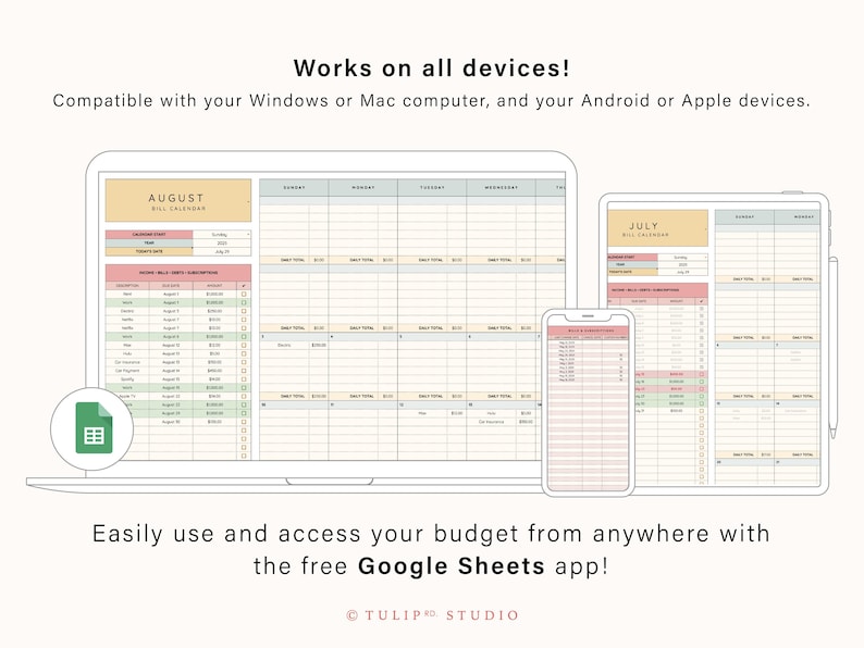 May include: Digital budget planner displayed on a laptop, tablet, and smartphone. The planner shows a monthly bill calendar with sections for income and expenses. Text reads "Works on all devices!" and "Easily use and access your budget from anywhere with the free Google Sheets app!"