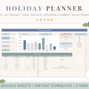 May include: A digital planner for holiday gift giving, budgeting, and tracking. The planner has four tabs: Gifting Dashboard, Gift List, Card Tracker, and Stocking Planner. The planner is designed in a light blue and gray color scheme with a festive holly and berry design.