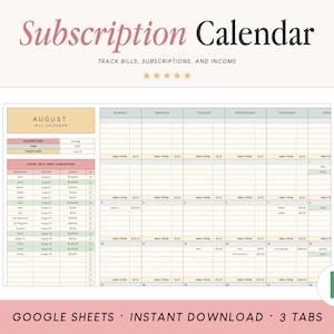 Subscription Tracking Calendar | Bill Calendar | Google Sheets Budget for Tracking Bills and Subscriptions | Income Log | Budgeting Template