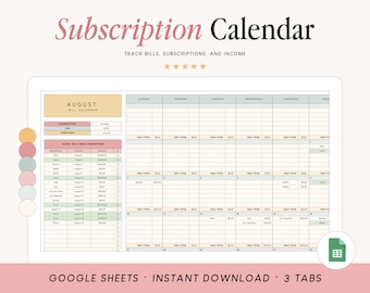 Subscription Tracking Calendar | Bill Calendar | Google Sheets Budget for Tracking Bills and Subscriptions | Income Log | Budgeting Template