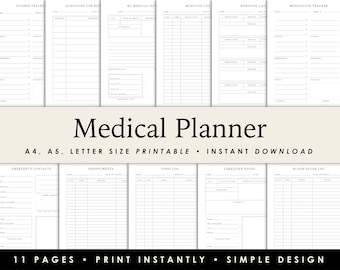 May include: Printable medical planner with 11 pages, including sections for emergency contacts, appointments, food log, caregiver notes, blood sugar log, medication tracker, vitamin tracker, medicine log, medicine list, and questions for doctor. The planner is designed in a simple, minimalist style with black text on a white background.