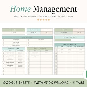 May include: A digital home management spreadsheet template for Google Sheets featuring sections for budget, project goals, tasks, supplies, and expenses. The layout includes text headers, checkboxes, and tables in shades of sage green and cream.
