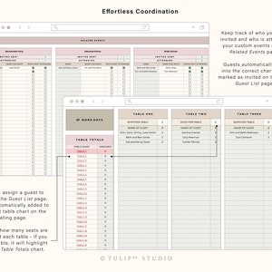 May include: A digital planner template for wedding seating charts. The template includes a guest list, table assignments, and a seating chart. The template is designed to help wedding planners easily coordinate their guests and create a seating plan.