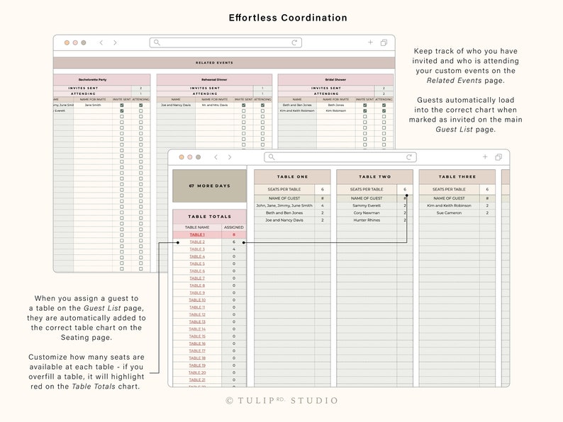 May include: A digital planner template for wedding seating charts. The template includes a guest list, table assignments, and a seating chart. The template is designed to help wedding planners easily coordinate their guests and create a seating plan.