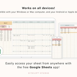 May include: A digital planner displayed on a laptop, tablet, and smartphone. The screens show a calendar layout with the month of May highlighted. Text at the top reads "Works on all devices!" and "Easily access your sheet from anywhere with the free Google Sheets app!"