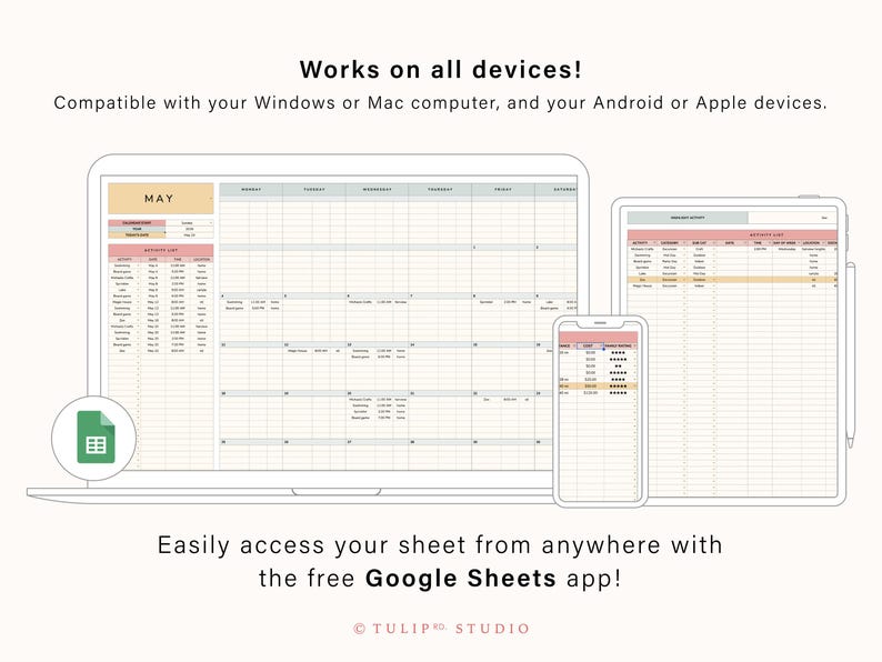 May include: A digital planner displayed on a laptop, tablet, and smartphone. The screens show a calendar layout with the month of May highlighted. Text at the top reads "Works on all devices!" and "Easily access your sheet from anywhere with the free Google Sheets app!"