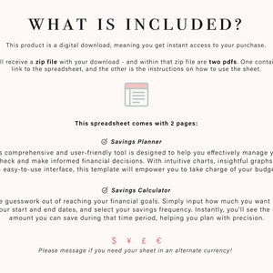 Puede incluir: Descarga digital titulada "&iquest;QU&Eacute; INCLUYE?" con texto que describe un planificador y calculadora de ahorro. El producto incluye un archivo zip con dos archivos PDF. La hoja de c&aacute;lculo tiene dos p&aacute;ginas y ayuda a administrar las finanzas con gr&aacute;ficos. Incluye s&iacute;mbolos de moneda.