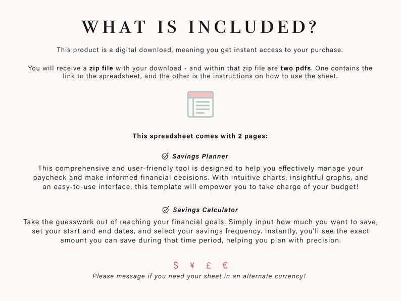 Puede incluir: Descarga digital titulada "&iquest;QU&Eacute; INCLUYE?" con texto que describe un planificador y calculadora de ahorro. El producto incluye un archivo zip con dos archivos PDF. La hoja de c&aacute;lculo tiene dos p&aacute;ginas y ayuda a administrar las finanzas con gr&aacute;ficos. Incluye s&iacute;mbolos de moneda.