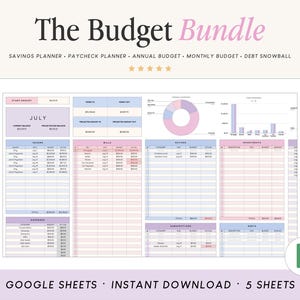 May include: A digital budget planner template for Google Sheets titled The Budget Bundle, featuring sections for savings, paychecks, annual and monthly budgets, and debt tracking. The interface uses a pastel color palette with pink and blue accents.