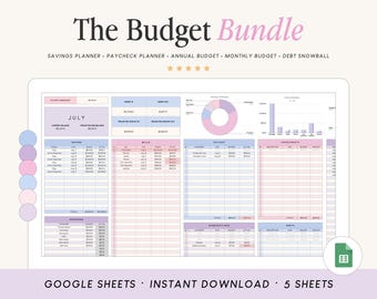 Może przedstawiać: Cyfrowy szablon planera budżetu dla Google Sheets o nazwie The Budget Bundle, zawierający sekcje dotyczące oszczędności, wypłat, budżetów rocznych i miesięcznych oraz śledzenia długów, z interfejsem w pastelowej kolorystyce.