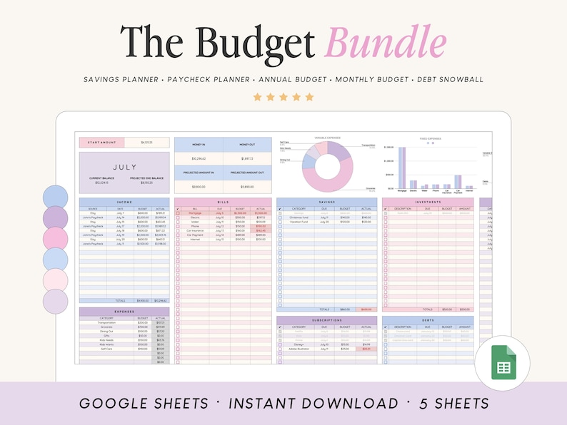 May include: A digital budget planner template for Google Sheets titled The Budget Bundle, featuring sections for savings, paychecks, annual and monthly budgets, and debt tracking. The interface uses a pastel color palette with pink and blue accents.