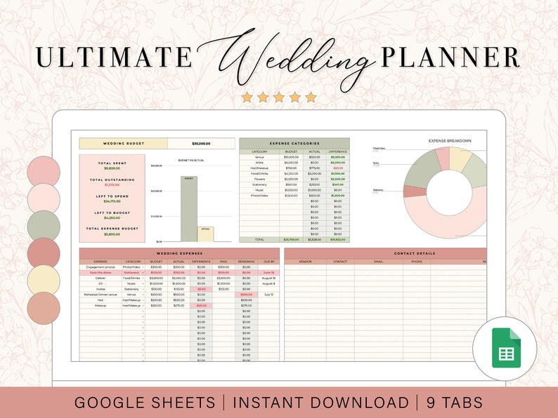 May include: A digital wedding planner spreadsheet template in Google Sheets with nine tabs. The spreadsheet includes sections for wedding budget, expense categories, expense breakdown, wedding expenses, and contact details. The spreadsheet is designed to help couples plan and track their wedding expenses.
