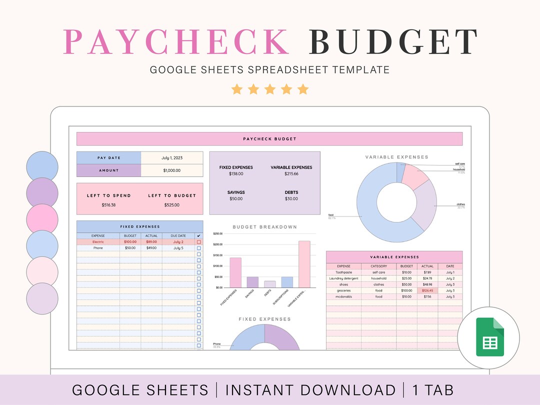 Paycheck Budget Spreadsheet for Google Sheets Template for Budgeting