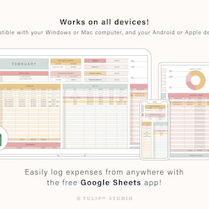May include: A digital budget spreadsheet displayed on a laptop, tablet, and smartphone. The interface features sections for income, bills, and expenses in a soft color palette. Text includes Works on all devices! and Easily log expenses from anywhere with the free Google Sheets app!.