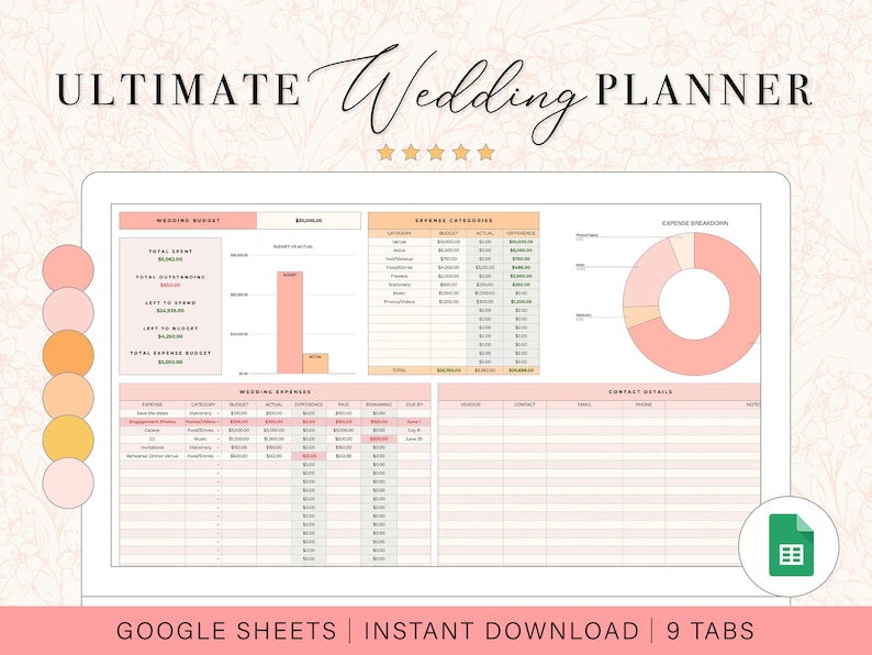 Może przedstawiać: Szablon arkusza kalkulacyjnego planera ślubnego w kolorze r&oacute;żowym i pomarańczowym do Google Sheets. Szablon zawiera sekcje dotyczące budżetu ślubnego, wydatk&oacute;w ślubnych, kategorii wydatk&oacute;w, podziału wydatk&oacute;w i danych kontaktowych. Szablon ma 9 zakładek. Tekst "ULTIMATE Wedding PLANNER" znajduje się w g&oacute;rnej części obrazu.