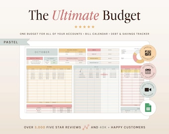 May include: A digital budget spreadsheet titled The Ultimate Budget featuring pastel colour-coded sections for income, bills, and savings. The interface includes an October calendar, debt tracker, and annual dashboard with icons for video tutorials and data.