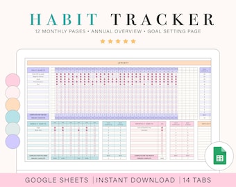 May include: A digital habit tracker template for Google Sheets. The template includes 12 monthly pages, an annual overview, and a goal setting page. The template is designed to help users track their daily, weekly, and monthly habits. The template is available for instant download and includes 14 tabs.