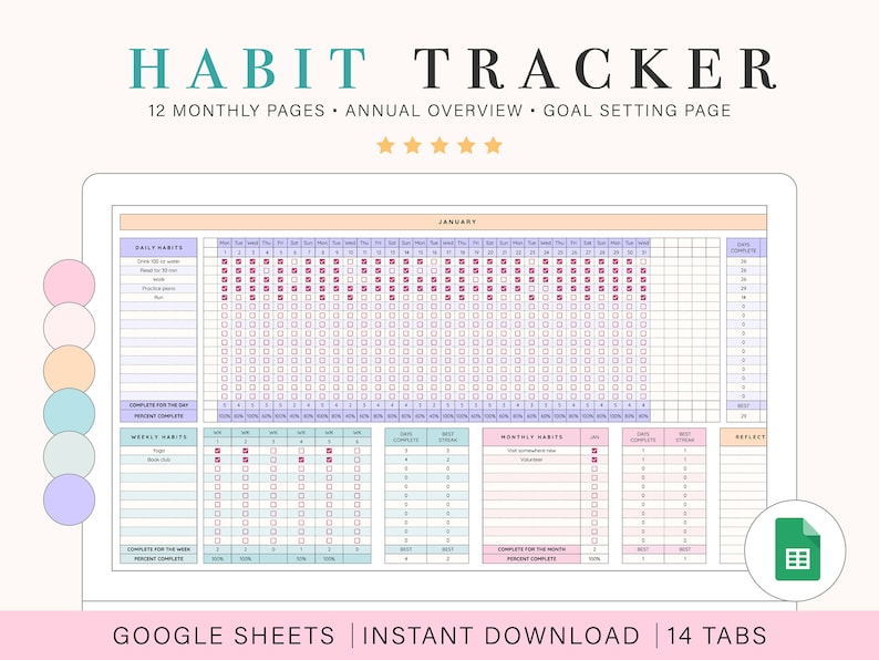 May include: A digital habit tracker template for Google Sheets. The template includes 12 monthly pages, an annual overview, and a goal setting page. The template is designed to help users track their daily, weekly, and monthly habits. The template is available for instant download and includes 14 tabs.