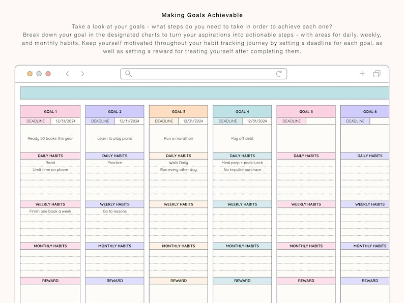 May include: A printable goal-setting worksheet with six columns, each with a section for a goal, deadline, daily habits, weekly habits, monthly habits, and a reward. The worksheet is designed to help people break down their goals into actionable steps.