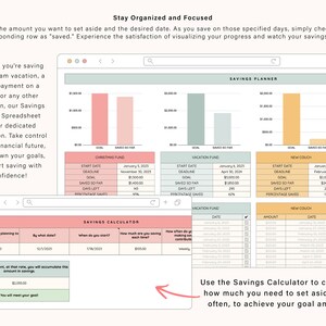 Puede incluir: Un planificador de ahorro digital con una interfaz de hoja de c&aacute;lculo. El planificador incluye secciones para Navidad, vacaciones y un sof&aacute; nuevo, con barras de progreso y una calculadora de ahorro. El texto de la imagen dice: "Mantente organizado y concentrado."