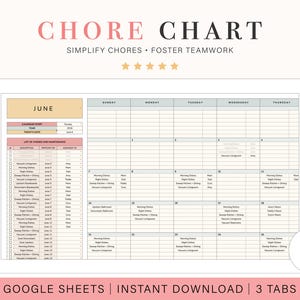 Op de afbeelding: Een digitaal takenoverzichtsjabloon voor Google Sheets met de titel CHORE CHART SIMPLIFY CHORES FOSTER TEAMWORK. De interface toont een maandkalender voor juni met een takenlijst, toegewezen namen en datums. Inclusief een kleurenpalet van zes cirkels.