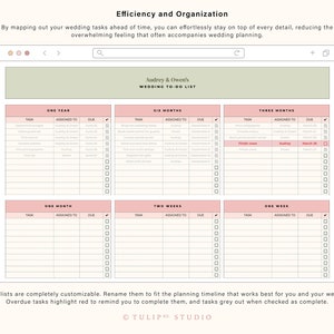 May include: A printable wedding planning checklist with a pink and green color scheme. The checklist is divided into sections for one year, six months, three months, one month, two weeks, and one week. Each section has columns for task, assigned to, due date, and a checkbox.