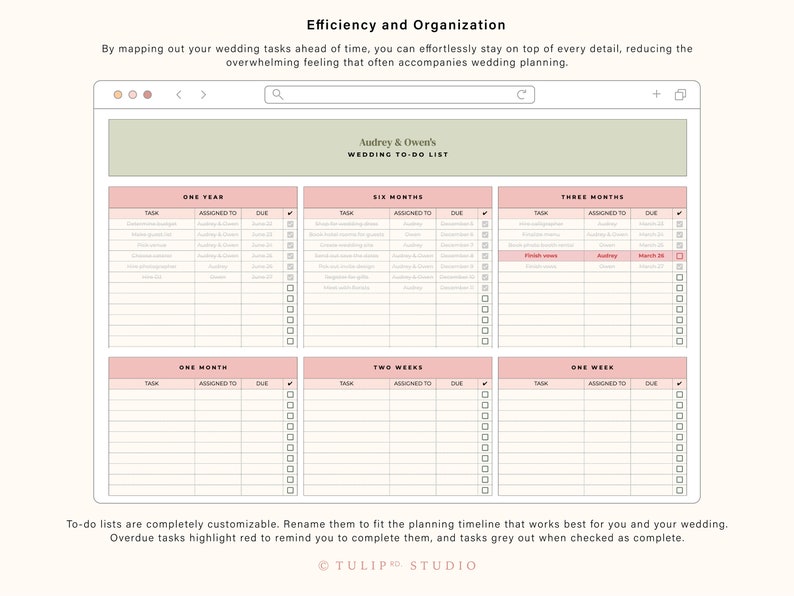May include: A printable wedding planning checklist with a pink and green color scheme. The checklist is divided into sections for one year, six months, three months, one month, two weeks, and one week. Each section has columns for task, assigned to, due date, and a checkbox.