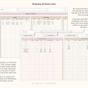 May include: A digital planner with a pink and beige color scheme. The planner includes sections for a wedding itinerary, event pack list, and attire pack list. The planner is designed to help users stay organized and manage their wedding day.