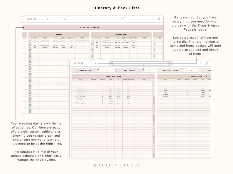 May include: A digital planner with a pink and beige color scheme. The planner includes sections for a wedding itinerary, event pack list, and attire pack list. The planner is designed to help users stay organized and manage their wedding day.
