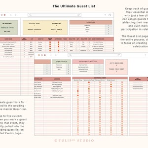 May include: A digital planner for wedding planning with a pink and yellow color scheme. The planner includes a guest list, meal choices, and a section for additional events. The text on the planner says "The Ultimate Guest List".