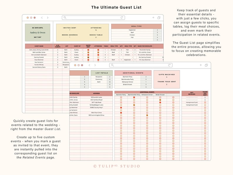 May include: A digital planner for wedding planning with a pink and yellow color scheme. The planner includes a guest list, meal choices, and a section for additional events. The text on the planner says "The Ultimate Guest List".