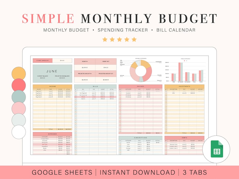 May include: A digital budget planner template for Google Sheets with three tabs: June, Income/Expenses, and Bills/Savings/Investments. The template features a pastel color scheme with pink, yellow, and blue accents.