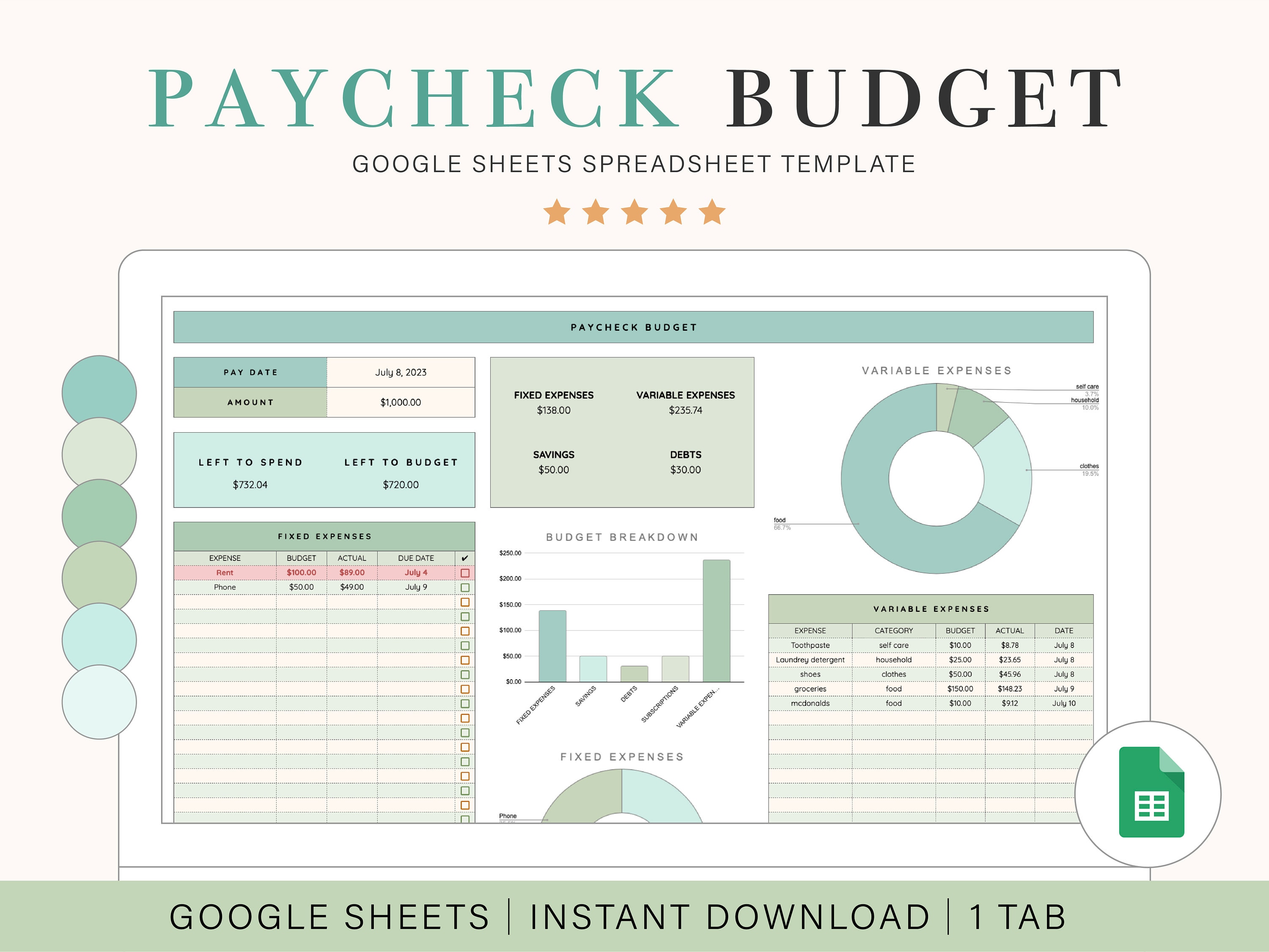Paycheck Budget Spreadsheet for Google Sheets Template for Budgeting ...