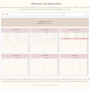 May include: A printable wedding planning checklist with a pink and white color scheme. The checklist is divided into sections for one year, six months, three months, one month, two weeks, and one week. Each section has a list of tasks, assigned to, and due dates. The checklist is titled "Audrey & Owen's Wedding To-Do List".
