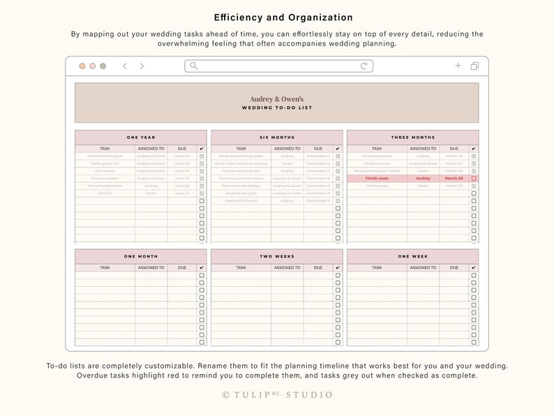 May include: A printable wedding planning checklist with a pink and white color scheme. The checklist is divided into sections for one year, six months, three months, one month, two weeks, and one week. Each section has a list of tasks, assigned to, and due dates. The checklist is titled "Audrey & Owen's Wedding To-Do List".