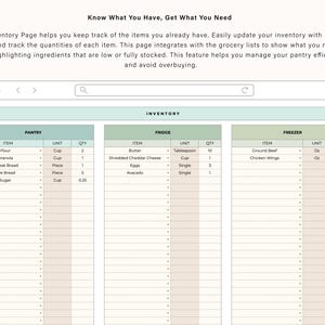 May include: A digital inventory page with sections for pantry, fridge, and freezer. The page includes item, unit, and quantity columns. Text at the top reads "Know What You Have, Get What You Need." The page helps track items and quantities.