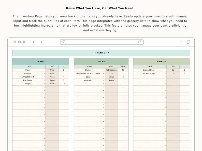 May include: A digital inventory page with sections for pantry, fridge, and freezer. The page includes item, unit, and quantity columns. Text at the top reads "Know What You Have, Get What You Need." The page helps track items and quantities.