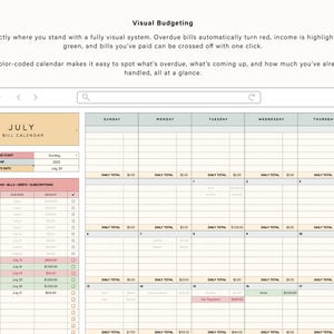 May include: Digital visual budgeting calendar interface with color-coded sections. The interface displays a monthly bill calendar for July, with sections for income, bills, and subscriptions. The calendar highlights overdue bills in red and income in green.